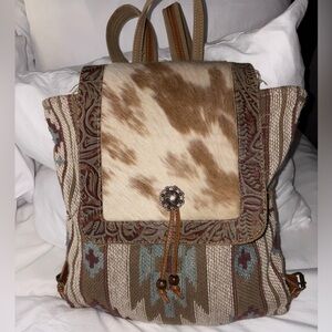 Myra Bag Brown and Cream Cowhide Flap Woven Backpack